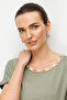Women's Crew Neck Combed Cotton T-Shirt with Straw Accessories 26819 Khaki - 2