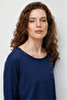 Women's Crew Neck Pocket Satin Striped Combed Cotton Blouse 26832 Navy Blue - 3