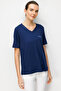Women's V-Neck Pocket Satin Striped Combed Cotton T-Shirt 26828 Navy Blue - 3