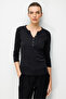 Women's Open Collar, Metal Buttoned Sleeves, Cotton Piece Combed Cotton Blouse 26805 Black - 2