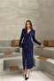 Women's Blue Wrap Ruched Glittery Premium Midi Dress Dpelb08 - 3