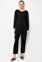 Women's O-Neck Verev Striped Side Buttoned Long Sleeve Fine Knit Blouse 26372 Black - 3