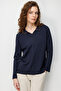 Women's Polo Collar Embroidered Fine Knit Blouse 26361 Navy Blue - 2