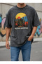Men's Black Oversized T-Shirt Western Adventure Cactus and Sunset Printed 100% Cotton