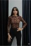 Women's Brown Floral Print Sheer Tulle Blouse Long Sleeve Stylish Body