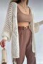 Women's Ecru Knitted Cardigan – Tassel and Diamond Pattern Detail