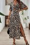 New Season Women's Short Sleeve V-Neck Elastic Waist Slit Long Leopard Printed Piece Single Jersey Dress - 5