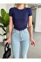 Women's Navy Blue Crew Neck Side Ruched Detail Soft-Textured Elastane Blouse - 5