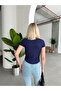 Women's Navy Blue Crew Neck Side Ruched Detail Soft-Textured Elastane Blouse - 8