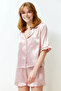 Pink Ruffle Detail Satin Shorts Woven Pajama Set - 2