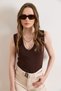 Women's Brown Leather N V-Neck Sleeveless Cotton T-Shirt Tsh-19000955 - 3