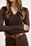 Women's Brown V-Neck Front Half-Waist Lined Lace Blouse Blz-19003270 - 5