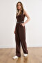 Women's Brown Belt Li Pocketed Slim D Drapey K Velvet Pants Pnt-19000397 - 3