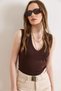Women's Brown Leather N V-Neck Sleeveless Cotton T-Shirt Tsh-19000955 - 4
