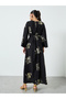 Black Floral Foil Print Jalabiya with Tie Belt - 5