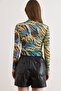 Women's Zebra Green Patterned Cropped Stretchy Tulle Blouse Blz-19003264 - 6