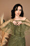 Full Beaded Boat Neck Long Evening Dress - Khaki Green - 3