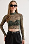 Women's Green Leopard Printed Li Cropped Stretchy Tulle Blouse Blz-19003264 - 2