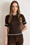 Women's Brown Crew Neck Striped Cotton Content E Stretchy Knitwear Blouse Blz-19003268 - 2