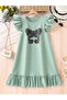Girls Graphic Print Ruffled Sleeve Dress