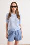 Women's Baby Blue Striped Detail Polo Neck Lace-Like Knit Knitwear Blouse Blz-19003227 - 3