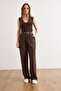 Women's Brown Belt Li Pocketed Slim D Drapey K Velvet Pants Pnt-19000397 - 2