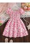 Girls Pink Floral Print Puff Sleeve Dress - 2