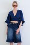 Navy Blue V-Neck Tie-Detail Ruffled Sleeves Linen Blouse Alc-X15332 - 2