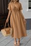 Women's Solid Color Aerobin Fabric Summer V-Neck Short Sleeve Elastic Waist Below Knee Dress 10C-2380 - 3
