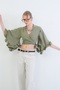 Green V-Neck Tie-Detail Ruffled Sleeves Linen Blouse Alc-X15332 - 2