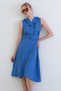 Indigo Buttoned Linen Woven Dress with Ruffle Detail on the Front and Belt Alc-X15330 - 3