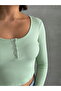 Women's Mint Round Neck Snap Collar Ribbed Knit Long Sleeve Crop Blouse - 2