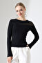 Women's Black Tulle Detail Long Sleeve Stylish Blouse Stretchy Fit Body - 6
