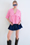 Pink V-Neck Three-Quarter Sleeve Elastic Ruffle Fabric Blouse Alc-X15414 - 3