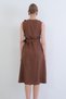 Brown Buttoned Linen Woven Dress with Ruffle Detail on the Front and Belt Alc-X15330 - 7