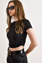 Women's Black T-Shirt with Ruched Soft Buttons on the Side Cropped Tsh-19000964