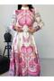 Women's Ecru-Pink Atlas Fabric Mock Neck Belt Pack Maxi Dress Jen2639 - 3