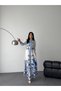 Women's White-Blue Atlas Fabric Mock Neck Belt Pack Maxi Dress Jen2646