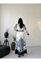 Women's White-Black Atlas Fabric Shirt Collar Ethnic Patterned Belt Pack Maxi Dress Jen2648 - 5