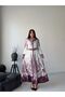 Women's White-Claret Red Atlas Fabric Shirt Collar Ethnic Patterned Belt Pack Maxi Dress Jen2648