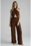 Women's Brown Halter Neck Jumpsuit Tie-Detail Backless