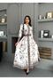 Women's White-Acute Brown Atlas Fabric Button Detailed Belt Piece Maxi Dress Jen2599