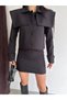 Jacket Collar Fabric Print Buttoned Cuff Sleeve Cape Collar Detail Lined Jacket Plain Mini Skirt Set - 3