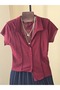 Burgundy Shirt Collar Stretchy Knitted Blouse - 3