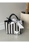 Black Striped Linen Women's Heart Charm Hand and Shoulder Bag - 7