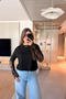 Oversized Stylish Black Modal T-Shirt with Lace Detail - 4