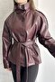 Women's Double-Breasted Button Burgundy Leather Jacket - Belt Pack Mock Neck Short Trench Jacket - 6