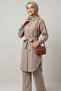 Women's Belt Detail Gold Buttoned Tunic Trousers Set Stylish Daily Hijab Combination - 4