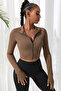 Women's Elegant Touch Brown Long Sleeve Zipper Detailed Stand Collar Crop Top Blouse - 3