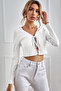 Women's Elegant Touch White Long Sleeve Front Tie Detailed Crop Top Blouse - 2